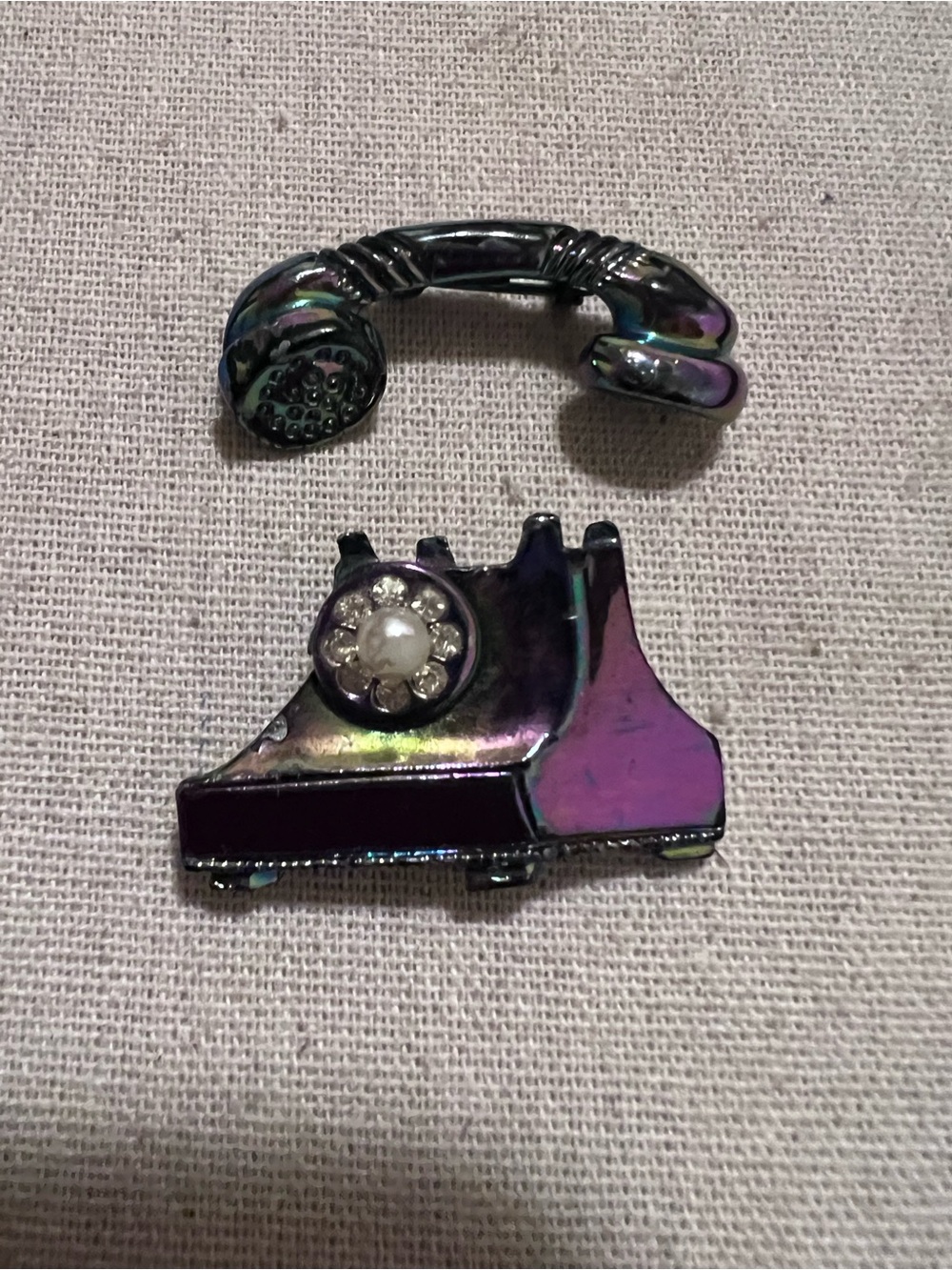 Vintage Rotary Telephone Brooch Pin Iridescent Rhinestone Faux Pearl